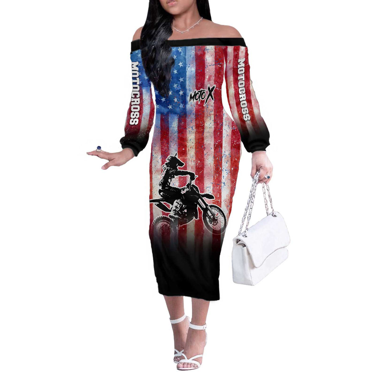 Personalized Motocross Rider Off The Shoulder Long Sleeve Dress with Distressed American Flag in Red White Blue Grunge Style - Wonder Print Shop