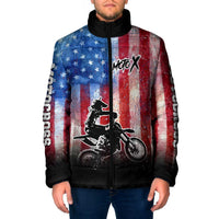 Personalized Motocross Rider Padded Jacket with Distressed American Flag in Red White Blue Grunge Style - Wonder Print Shop