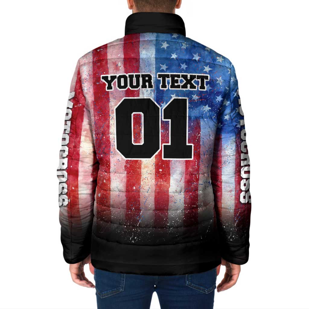 Personalized Motocross Rider Padded Jacket with Distressed American Flag in Red White Blue Grunge Style - Wonder Print Shop