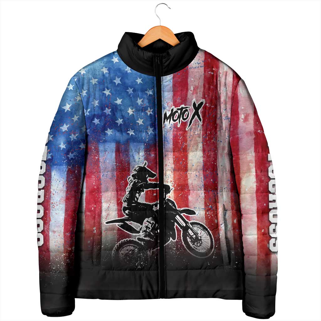 Personalized Motocross Rider Padded Jacket with Distressed American Flag in Red White Blue Grunge Style - Wonder Print Shop