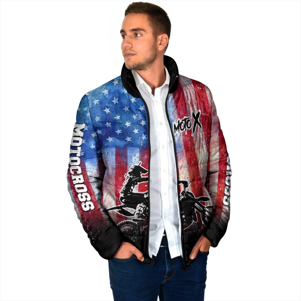 Personalized Motocross Rider Padded Jacket with Distressed American Flag in Red White Blue Grunge Style - Wonder Print Shop
