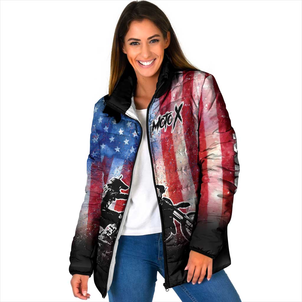 Personalized Motocross Rider Padded Jacket with Distressed American Flag in Red White Blue Grunge Style - Wonder Print Shop