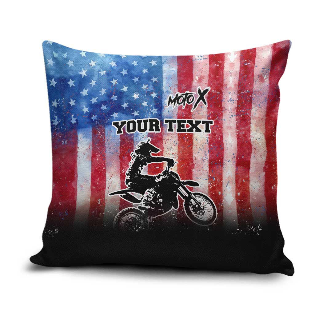 Personalized Motocross Rider Pillow Cover with Distressed American Flag in Red White Blue Grunge Style - Wonder Print Shop