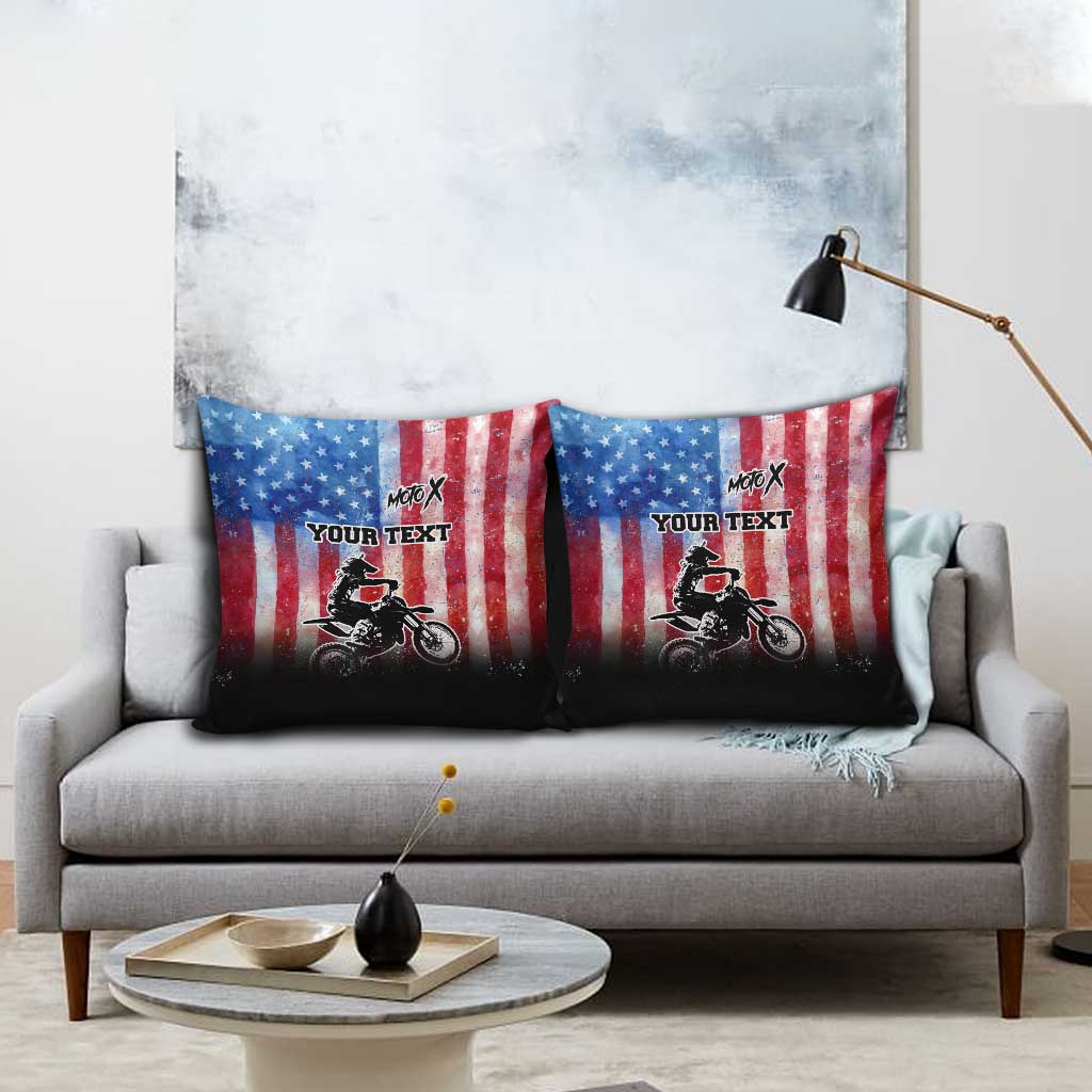 Personalized Motocross Rider Pillow Cover with Distressed American Flag in Red White Blue Grunge Style - Wonder Print Shop