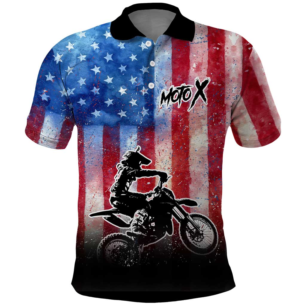 Personalized Motocross Rider Polo Shirt with Distressed American Flag in Red White Blue Grunge Style - Wonder Print Shop