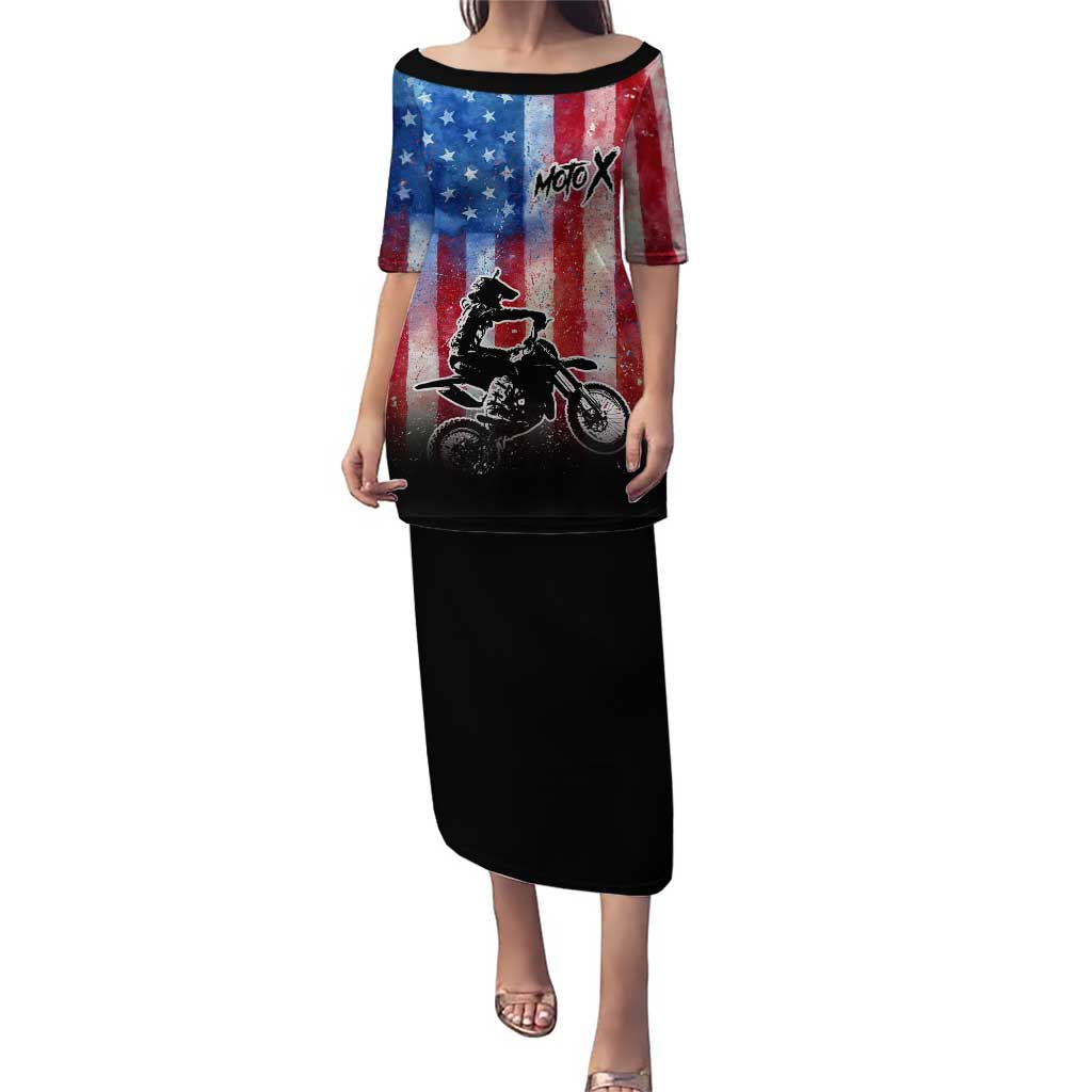 Personalized Motocross Rider Puletasi with Distressed American Flag in Red White Blue Grunge Style - Wonder Print Shop