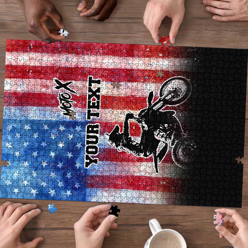 Personalized Motocross Rider Puzzle with Distressed American Flag in Red White Blue Grunge Style - Wonder Print Shop