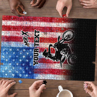 Personalized Motocross Rider Puzzle with Distressed American Flag in Red White Blue Grunge Style - Wonder Print Shop