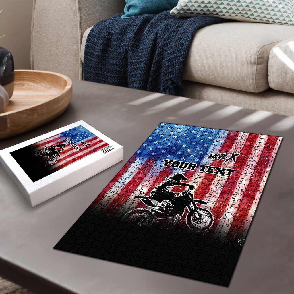 Personalized Motocross Rider Puzzle with Distressed American Flag in Red White Blue Grunge Style - Wonder Print Shop