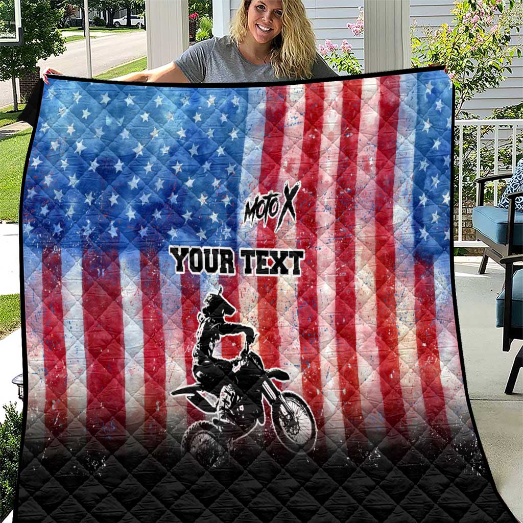 Personalized Motocross Rider Quilt with Distressed American Flag in Red White Blue Grunge Style - Wonder Print Shop