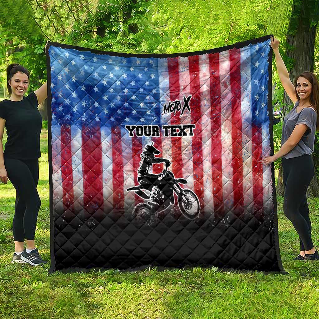 Personalized Motocross Rider Quilt with Distressed American Flag in Red White Blue Grunge Style - Wonder Print Shop