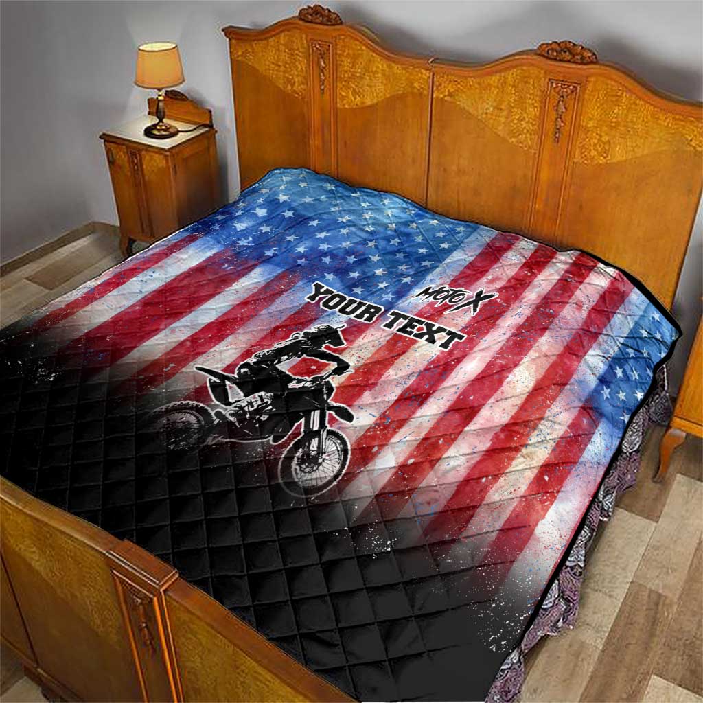 Personalized Motocross Rider Quilt with Distressed American Flag in Red White Blue Grunge Style - Wonder Print Shop