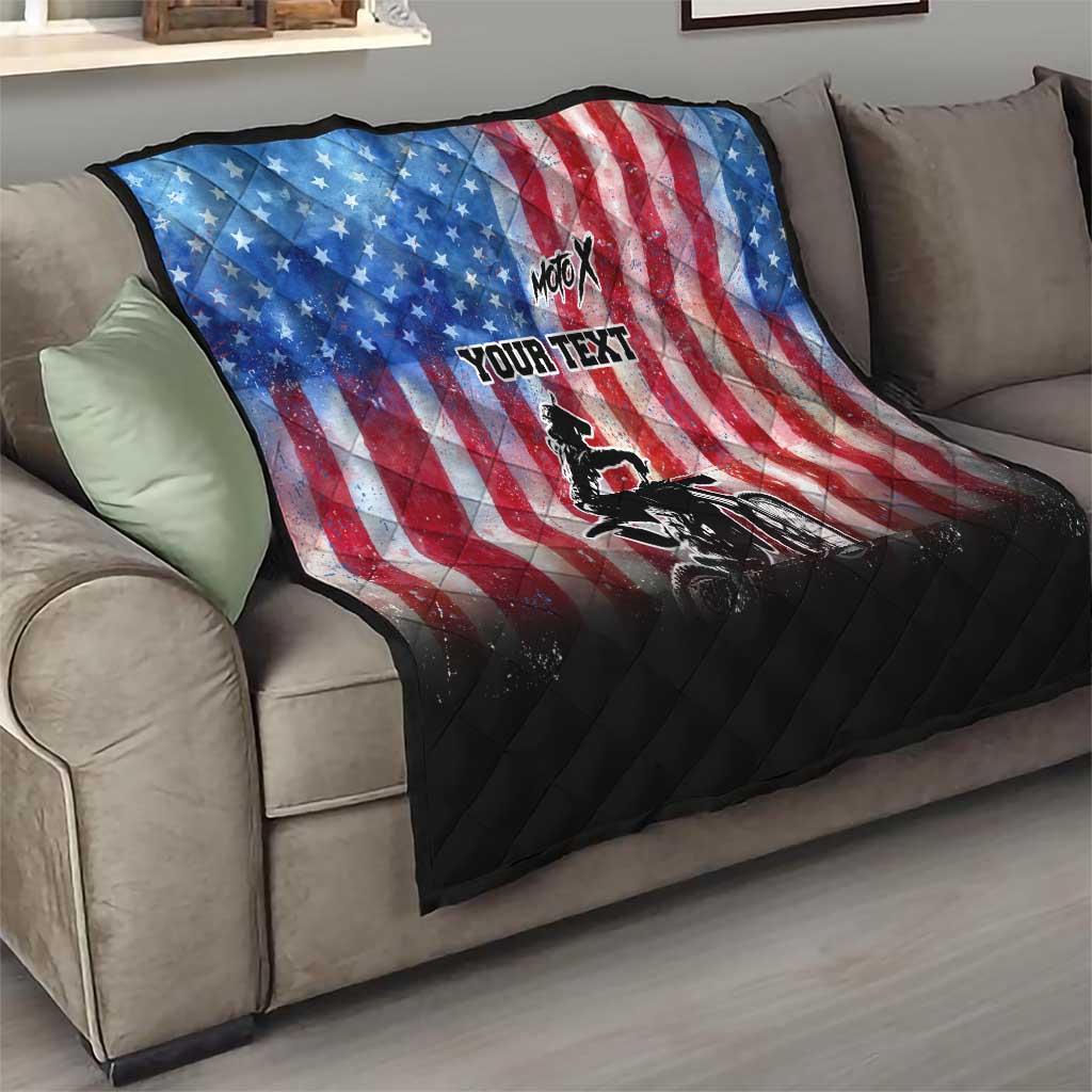 Personalized Motocross Rider Quilt with Distressed American Flag in Red White Blue Grunge Style - Wonder Print Shop