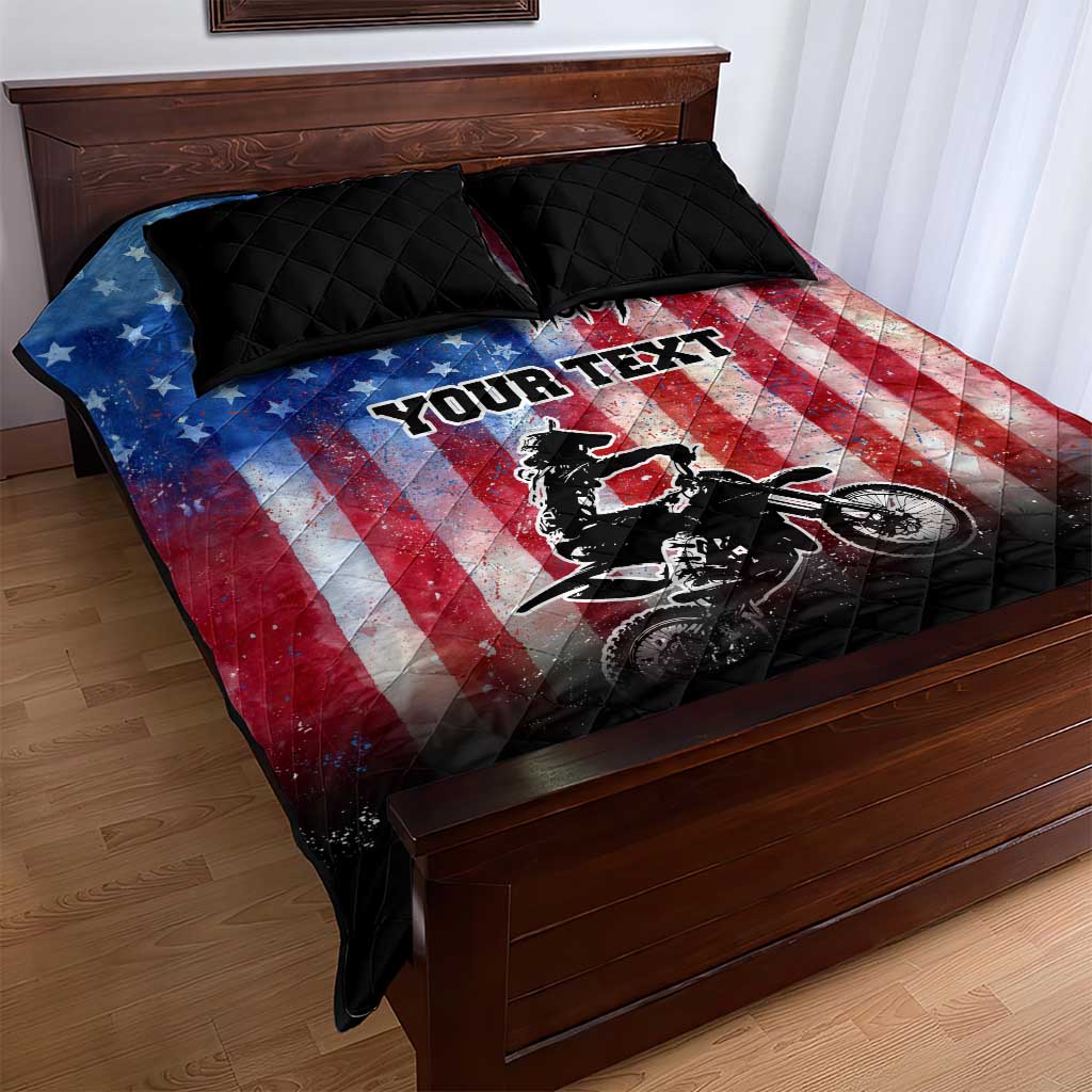 Personalized Motocross Rider Quilt Bed Set with Distressed American Flag in Red White Blue Grunge Style - Wonder Print Shop