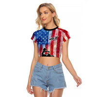 Personalized Motocross Rider Raglan Cropped T Shirt with Distressed American Flag in Red White Blue Grunge Style - Wonder Print Shop