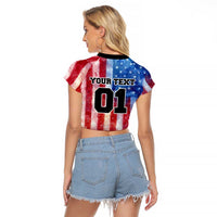 Personalized Motocross Rider Raglan Cropped T Shirt with Distressed American Flag in Red White Blue Grunge Style - Wonder Print Shop