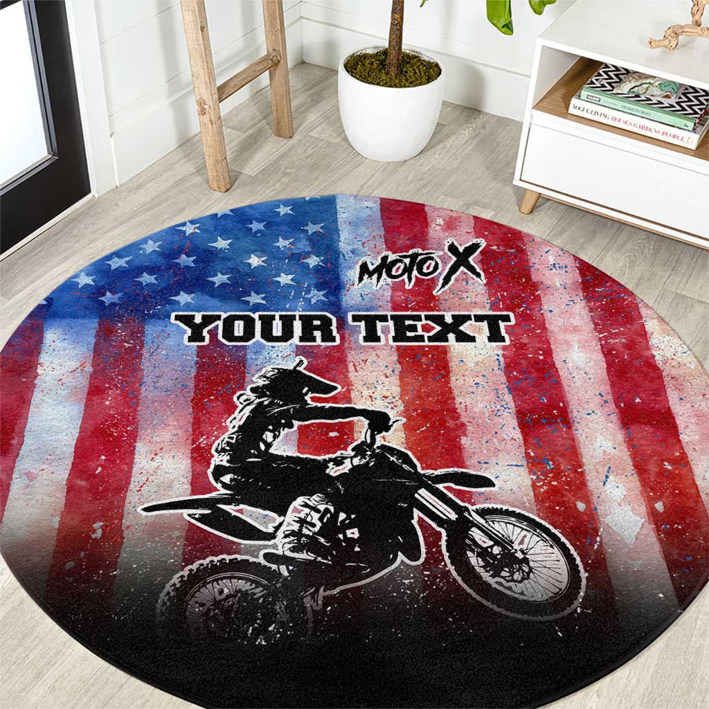 Personalized Motocross Rider Round Carpet with Distressed American Flag in Red White Blue Grunge Style - Wonder Print Shop