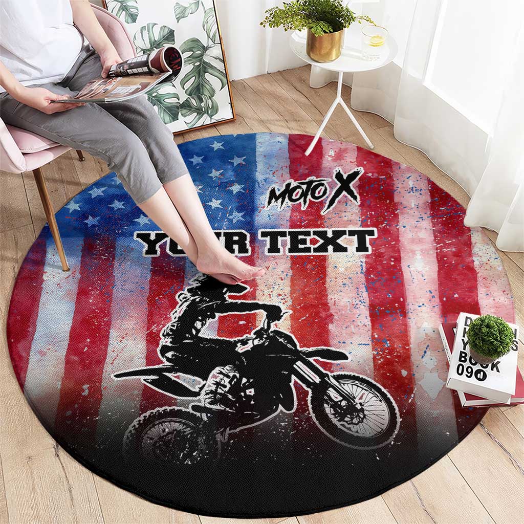 Personalized Motocross Rider Round Carpet with Distressed American Flag in Red White Blue Grunge Style - Wonder Print Shop