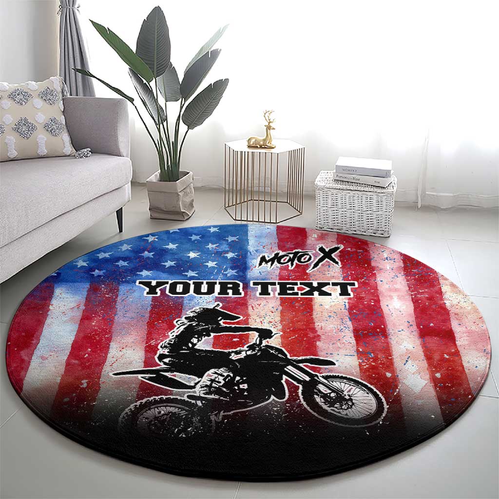 Personalized Motocross Rider Round Carpet with Distressed American Flag in Red White Blue Grunge Style - Wonder Print Shop