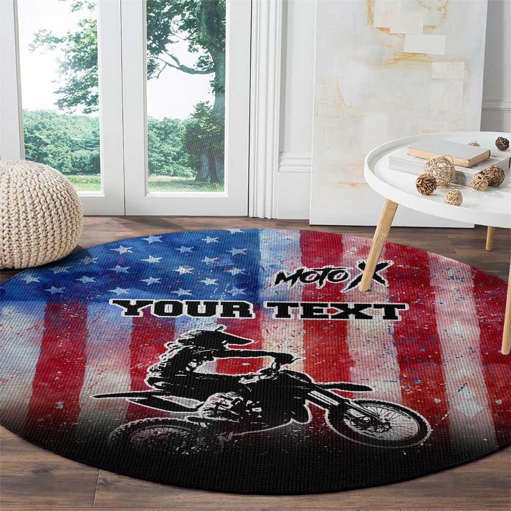Personalized Motocross Rider Round Carpet with Distressed American Flag in Red White Blue Grunge Style - Wonder Print Shop