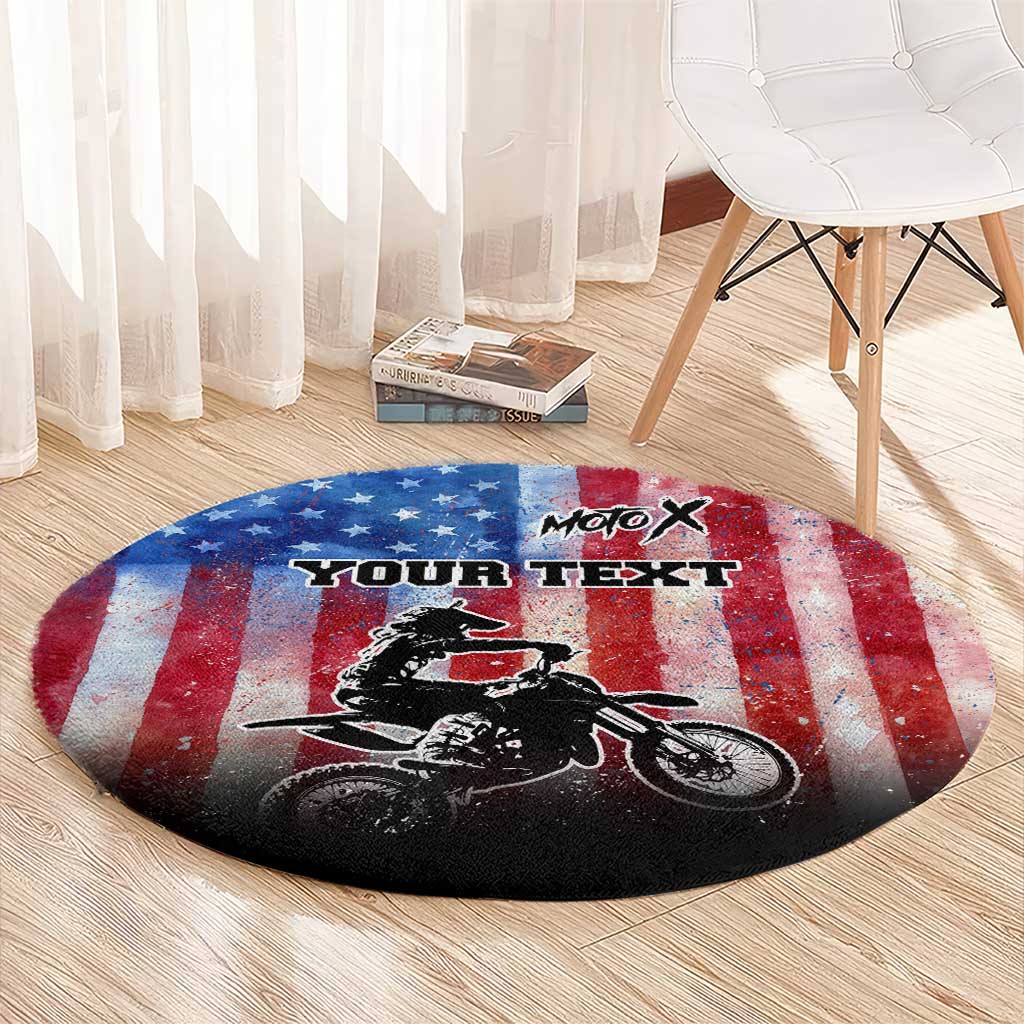 Personalized Motocross Rider Round Carpet with Distressed American Flag in Red White Blue Grunge Style - Wonder Print Shop