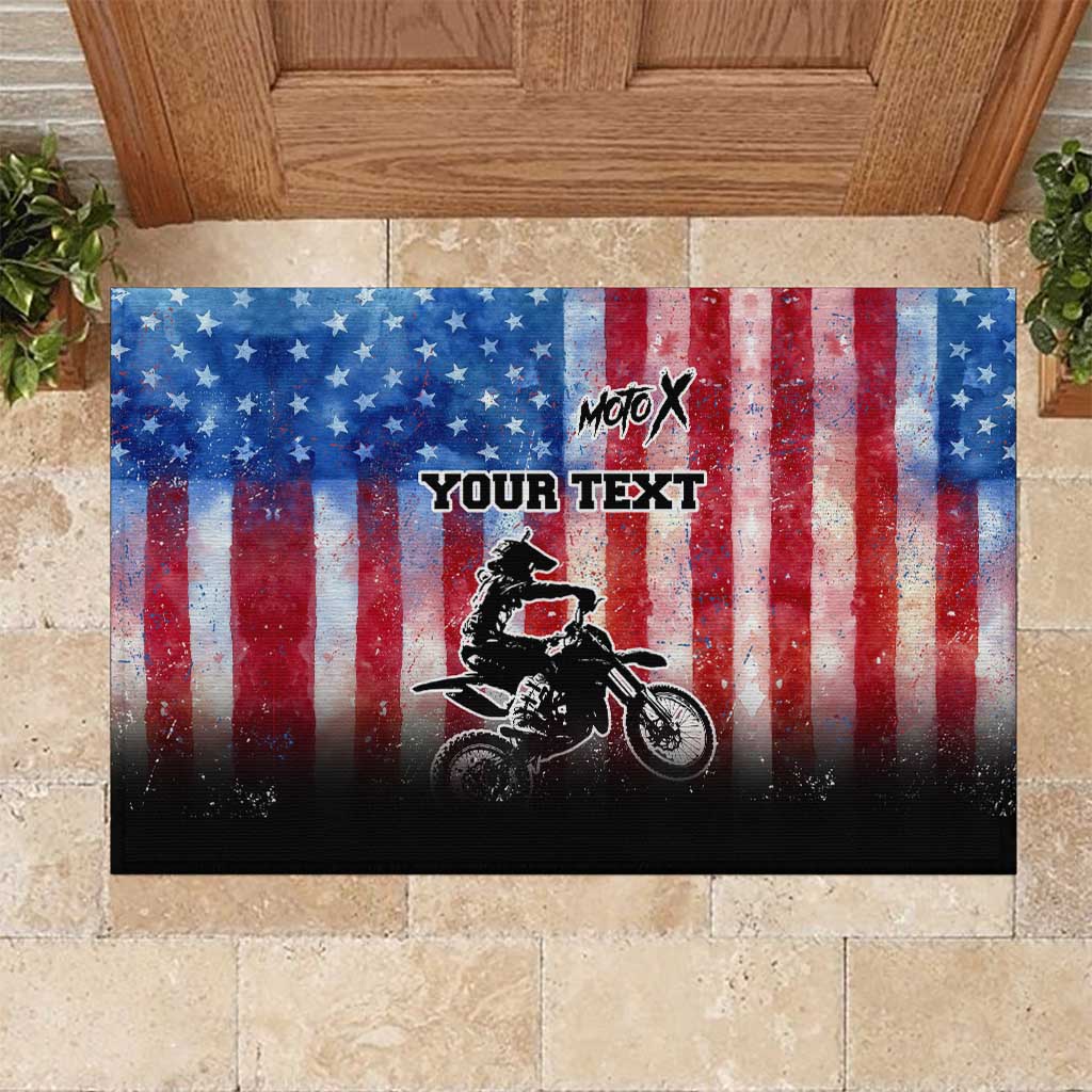 Personalized Motocross Rider Rubber Doormat with Distressed American Flag in Red White Blue Grunge Style - Wonder Print Shop