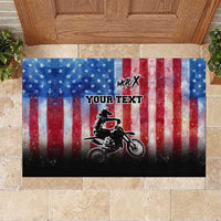 Personalized Motocross Rider Rubber Doormat with Distressed American Flag in Red White Blue Grunge Style - Wonder Print Shop