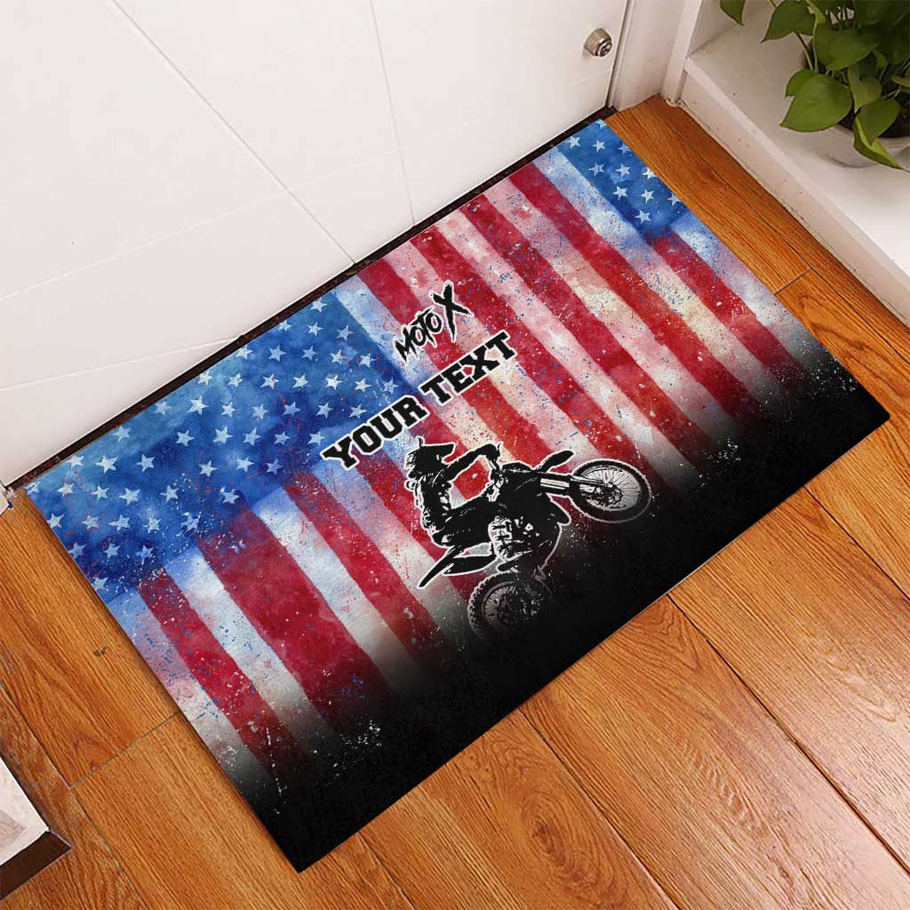 Personalized Motocross Rider Rubber Doormat with Distressed American Flag in Red White Blue Grunge Style - Wonder Print Shop
