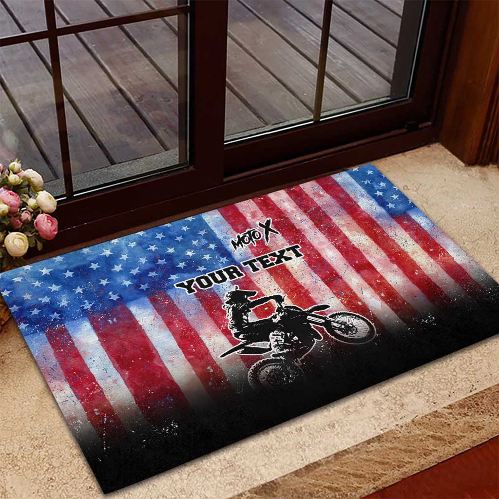 Personalized Motocross Rider Rubber Doormat with Distressed American Flag in Red White Blue Grunge Style - Wonder Print Shop