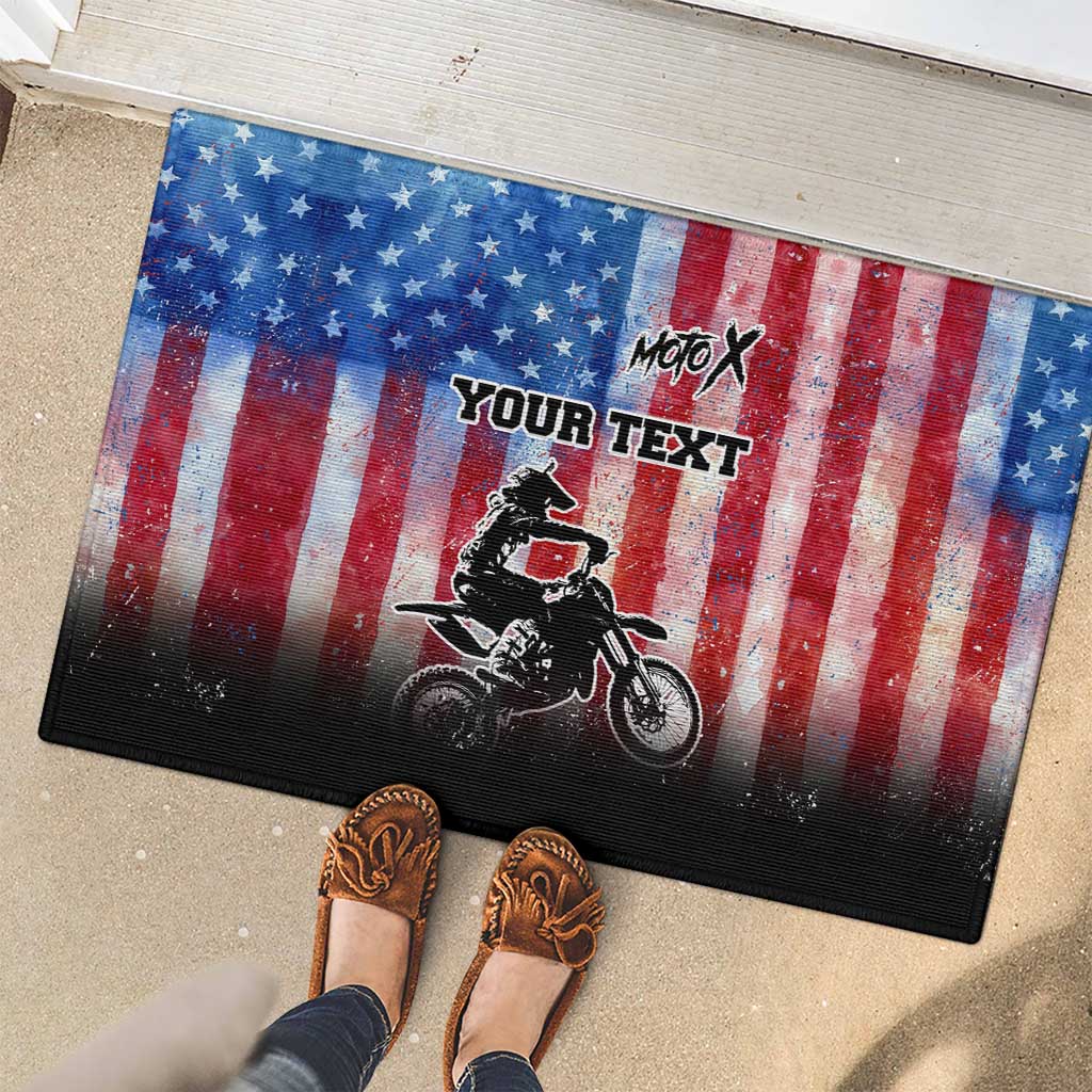 Personalized Motocross Rider Rubber Doormat with Distressed American Flag in Red White Blue Grunge Style - Wonder Print Shop