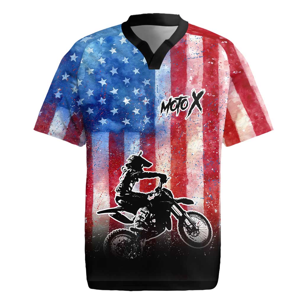 Personalized Motocross Rider Rugby Jersey with Distressed American Flag in Red White Blue Grunge Style - Wonder Print Shop