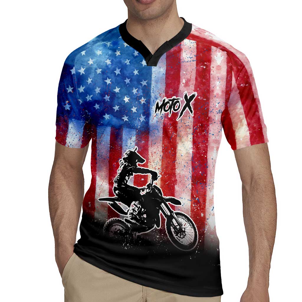 Personalized Motocross Rider Rugby Jersey with Distressed American Flag in Red White Blue Grunge Style - Wonder Print Shop