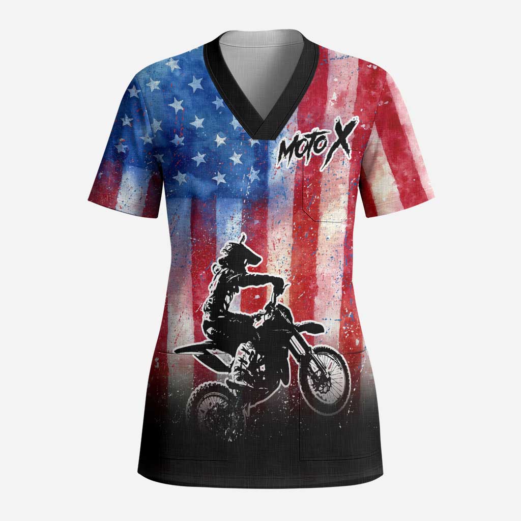 Personalized Motocross Rider Scrub Top with Distressed American Flag in Red White Blue Grunge Style - Wonder Print Shop
