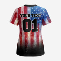 Personalized Motocross Rider Scrub Top with Distressed American Flag in Red White Blue Grunge Style - Wonder Print Shop
