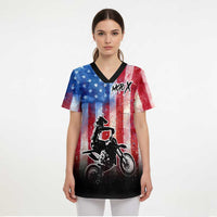 Personalized Motocross Rider Scrub Top with Distressed American Flag in Red White Blue Grunge Style - Wonder Print Shop