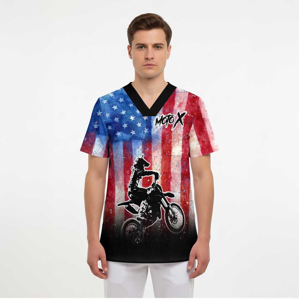 Personalized Motocross Rider Scrub Top with Distressed American Flag in Red White Blue Grunge Style - Wonder Print Shop