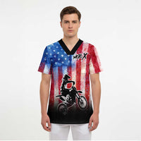 Personalized Motocross Rider Scrub Top with Distressed American Flag in Red White Blue Grunge Style - Wonder Print Shop