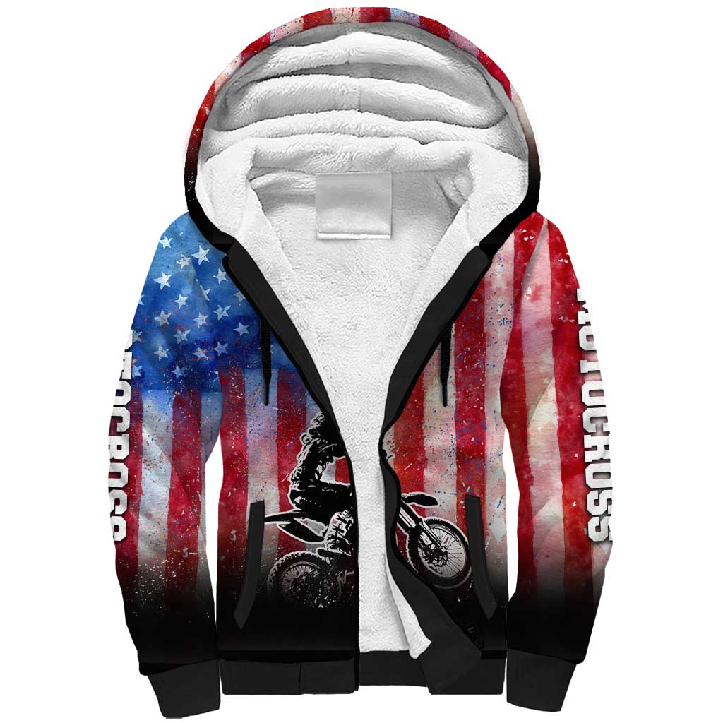 Personalized Motocross Rider Sherpa Hoodie with Distressed American Flag in Red White Blue Grunge Style - Wonder Print Shop