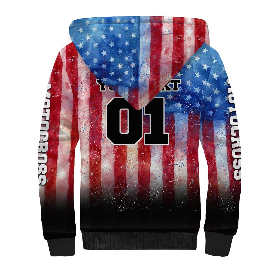Personalized Motocross Rider Sherpa Hoodie with Distressed American Flag in Red White Blue Grunge Style - Wonder Print Shop