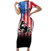 Personalized Motocross Rider Short Sleeve Bodycon Dress with Distressed American Flag in Red White Blue Grunge Style - Wonder Print Shop