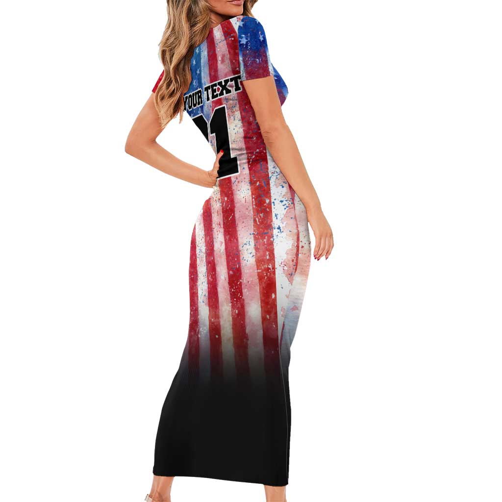 Personalized Motocross Rider Short Sleeve Bodycon Dress with Distressed American Flag in Red White Blue Grunge Style - Wonder Print Shop