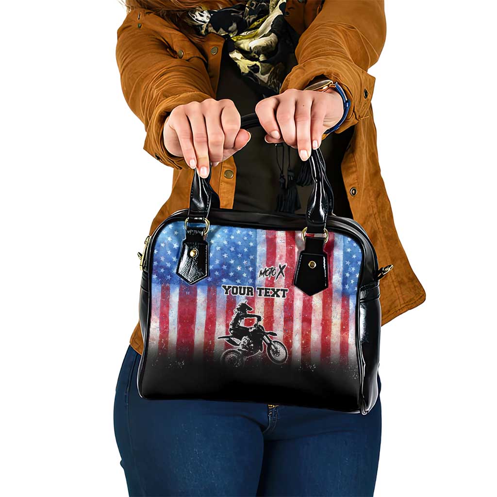 Personalized Motocross Rider Shoulder Handbag with Distressed American Flag in Red White Blue Grunge Style - Wonder Print Shop