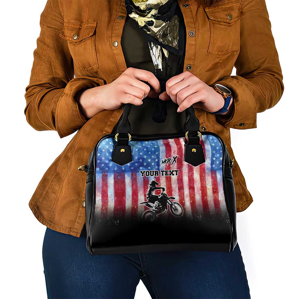 Personalized Motocross Rider Shoulder Handbag with Distressed American Flag in Red White Blue Grunge Style - Wonder Print Shop