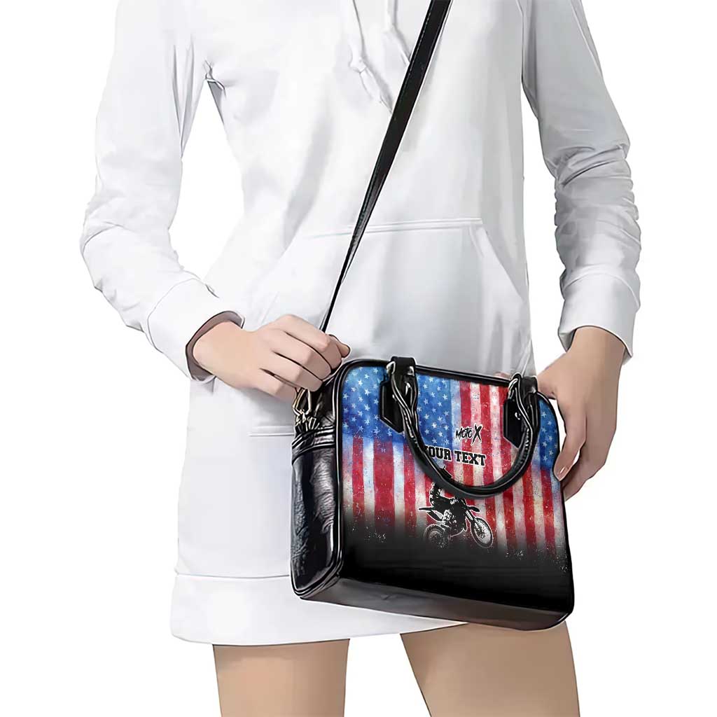 Personalized Motocross Rider Shoulder Handbag with Distressed American Flag in Red White Blue Grunge Style - Wonder Print Shop
