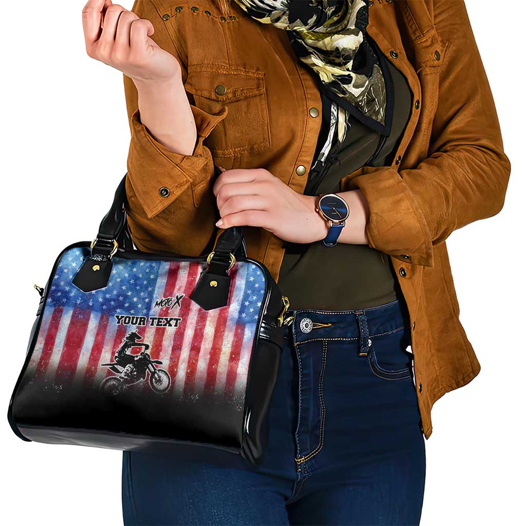 Personalized Motocross Rider Shoulder Handbag with Distressed American Flag in Red White Blue Grunge Style - Wonder Print Shop