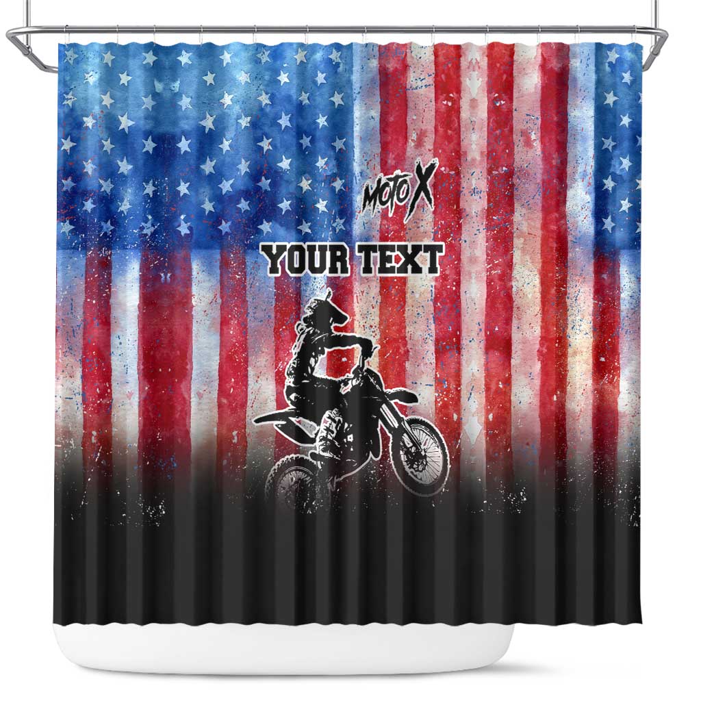 Personalized Motocross Rider Shower Curtain with Distressed American Flag in Red White Blue Grunge Style - Wonder Print Shop