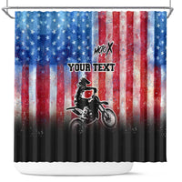 Personalized Motocross Rider Shower Curtain with Distressed American Flag in Red White Blue Grunge Style - Wonder Print Shop