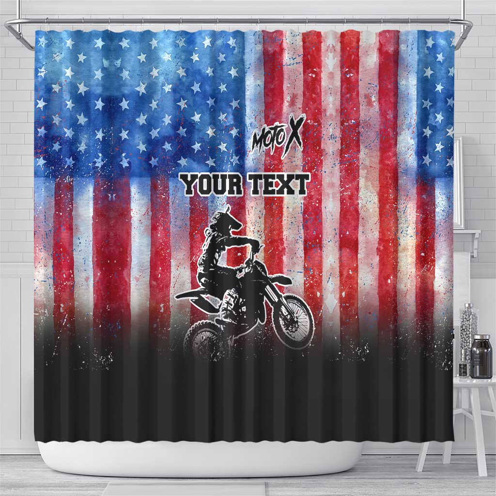 Personalized Motocross Rider Shower Curtain with Distressed American Flag in Red White Blue Grunge Style - Wonder Print Shop