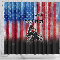 Personalized Motocross Rider Shower Curtain with Distressed American Flag in Red White Blue Grunge Style - Wonder Print Shop