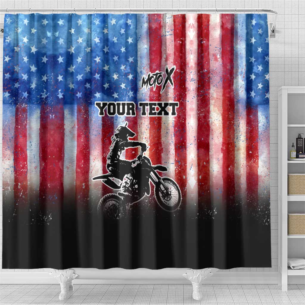 Personalized Motocross Rider Shower Curtain with Distressed American Flag in Red White Blue Grunge Style - Wonder Print Shop